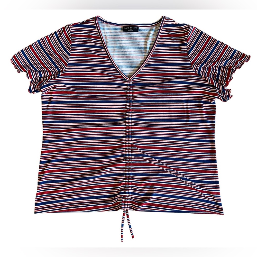 LANE BRYANT Striped Ruched V-Neck Shirt‎ Top Red White Blue Size 22/24 Classic